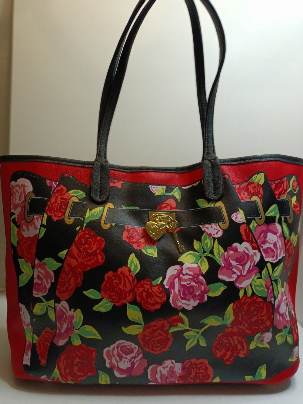 Betsey Johnson Large Flowered Faux Leather Tote  Lined And